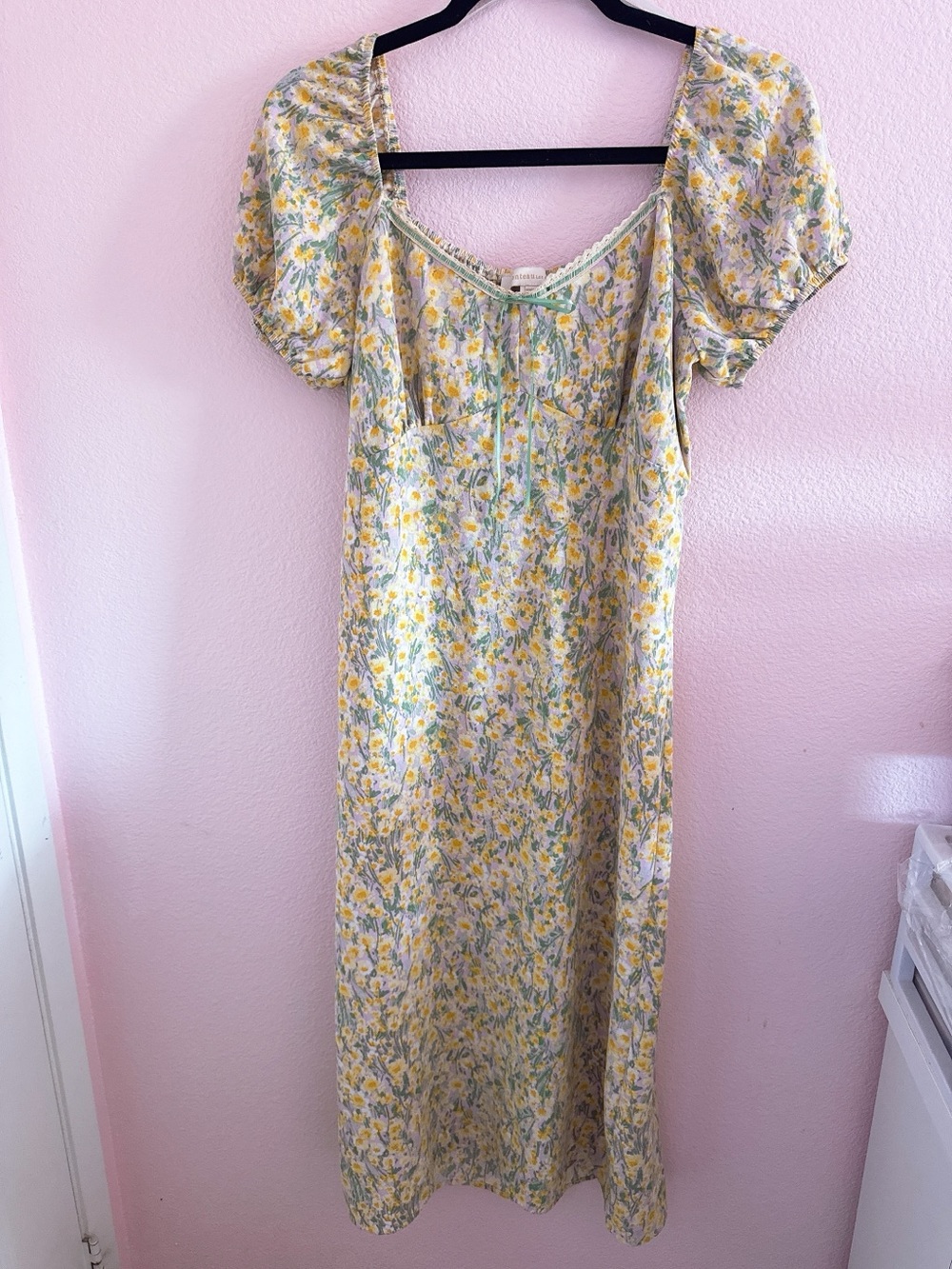 Monteau Yellow and Green Floral Maxi Dress with Puff Sleeves